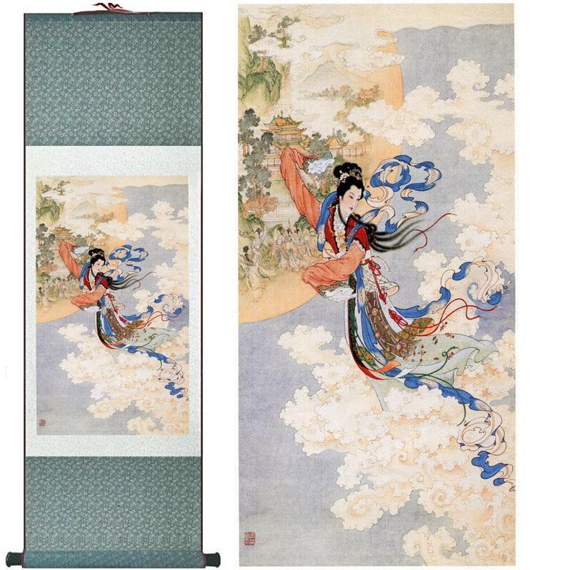 Chinese Art Scroll Painting Pretty Girl Chang E Flying Toward Moon Ancient Silk Picture Wall Ideas 12426-Chinese Style Finds™