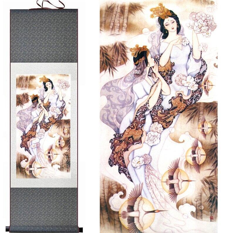 Chinese Art Scroll Painting Pretty Girl Fairy Ancient Silk Picture Wall Ideas 11194-Chinese Style Finds™