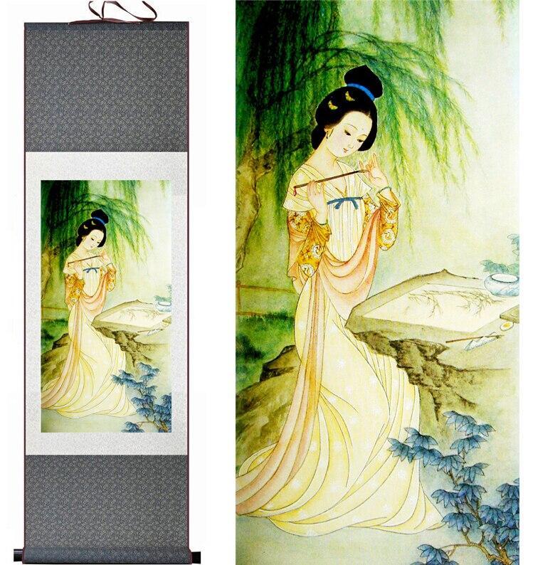 Chinese Art Scroll Painting Pretty Girl Figure Ancient Silk Picture Wall Ideas 11186-Chinese Style Finds™
