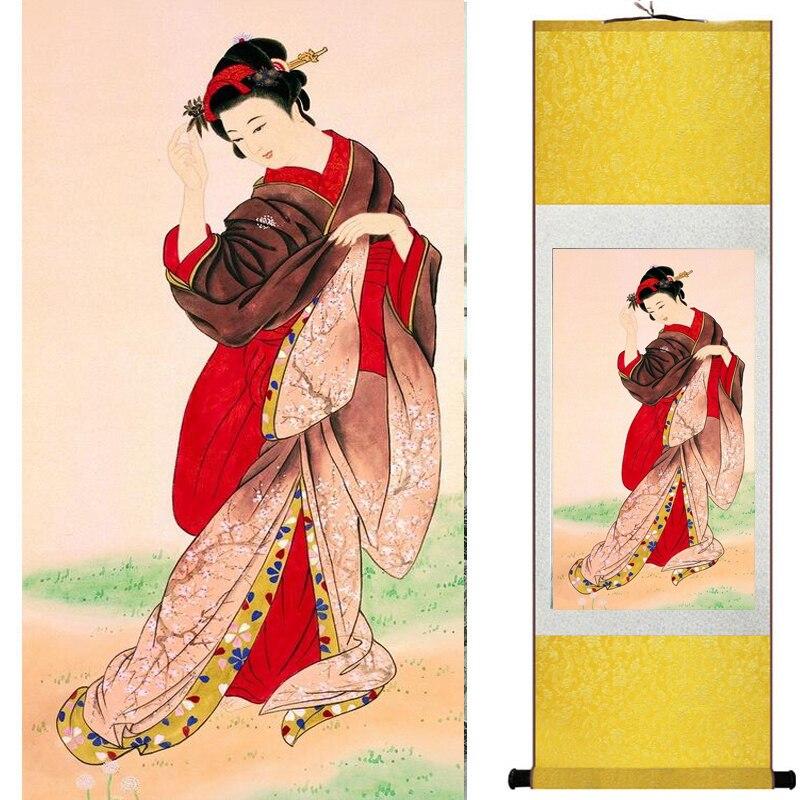 Chinese Art Scroll Painting Pretty Girl Figure Ancient Silk Picture Wall Ideas 17650-Chinese Style Finds™