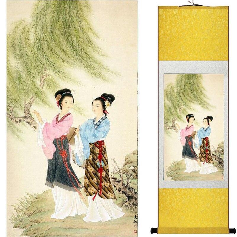 Chinese Art Scroll Painting Pretty Girl Figure Ancient Silk Picture Wall Ideas 17654-Chinese Style Finds™