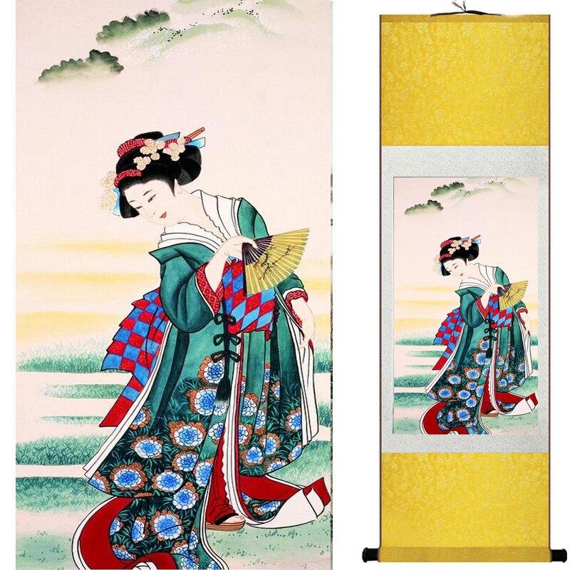 Chinese Art Scroll Painting Pretty Girl Figure Ancient Silk Picture Wall Ideas 17658-Chinese Style Finds™