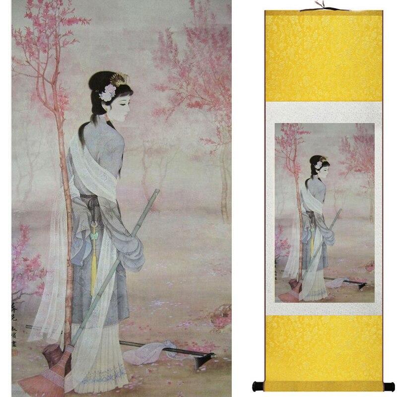 Chinese Art Scroll Painting Pretty Girl Figure Ancient Silk Picture Wall Ideas 17694-Chinese Style Finds™