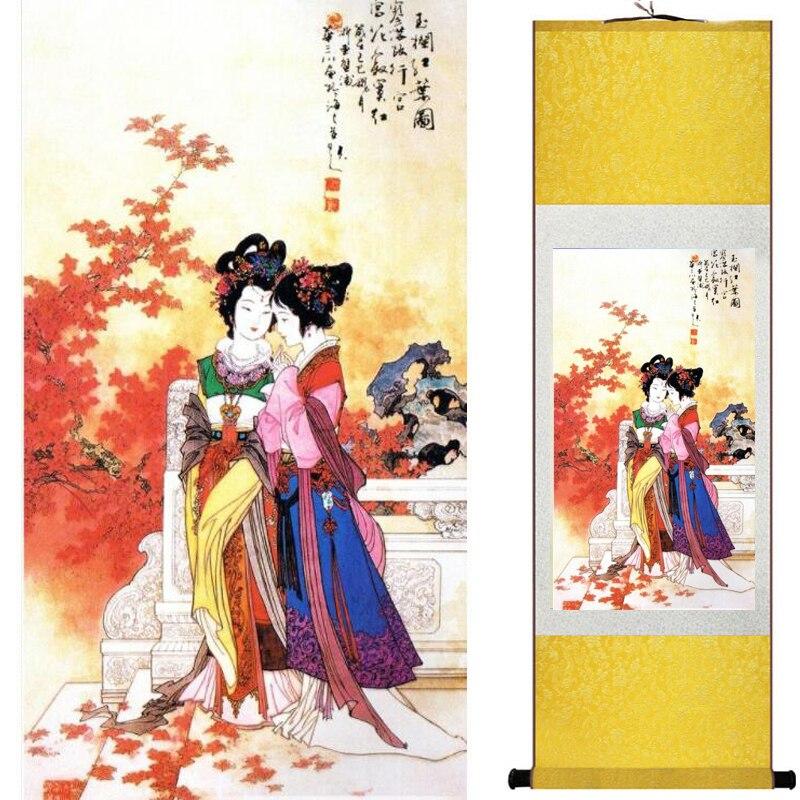 Chinese Art Scroll Painting Pretty Girl Figure Ancient Silk Picture Wall Ideas 17730-Chinese Style Finds™