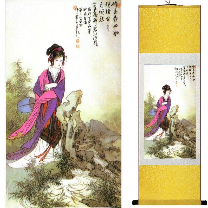 Chinese Art Scroll Painting Pretty Girl Figure Ancient Silk Picture Wall Ideas 17738-Chinese Style Finds™