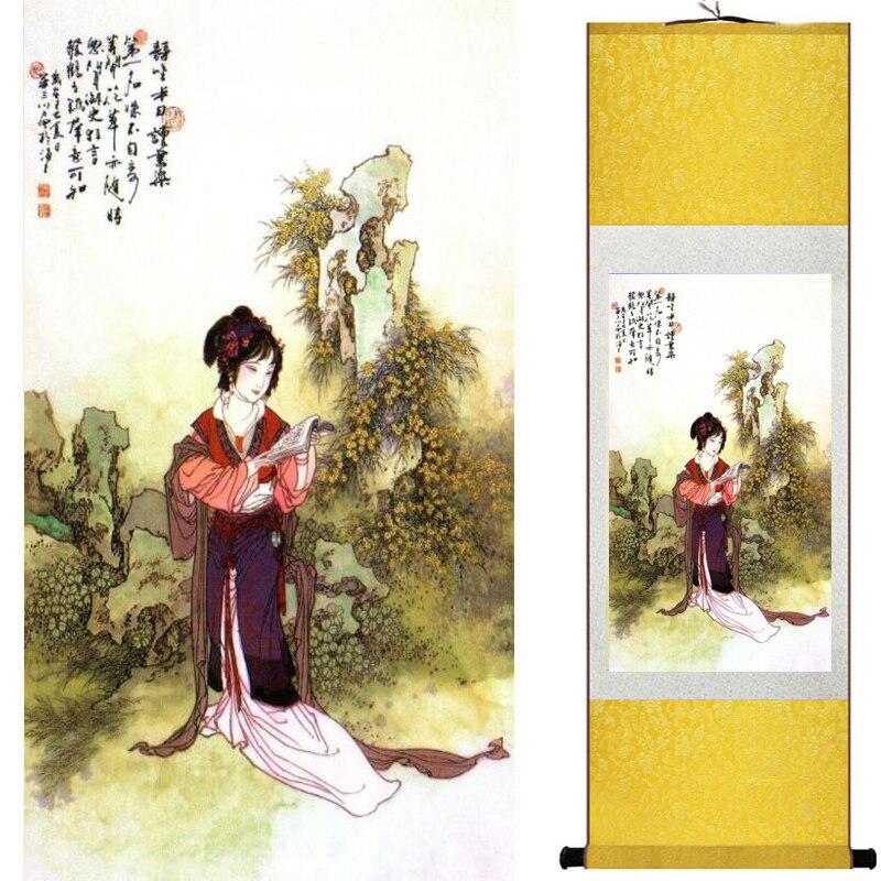 Chinese Art Scroll Painting Pretty Girl Figure Ancient Silk Picture Wall Ideas 17746-Chinese Style Finds™