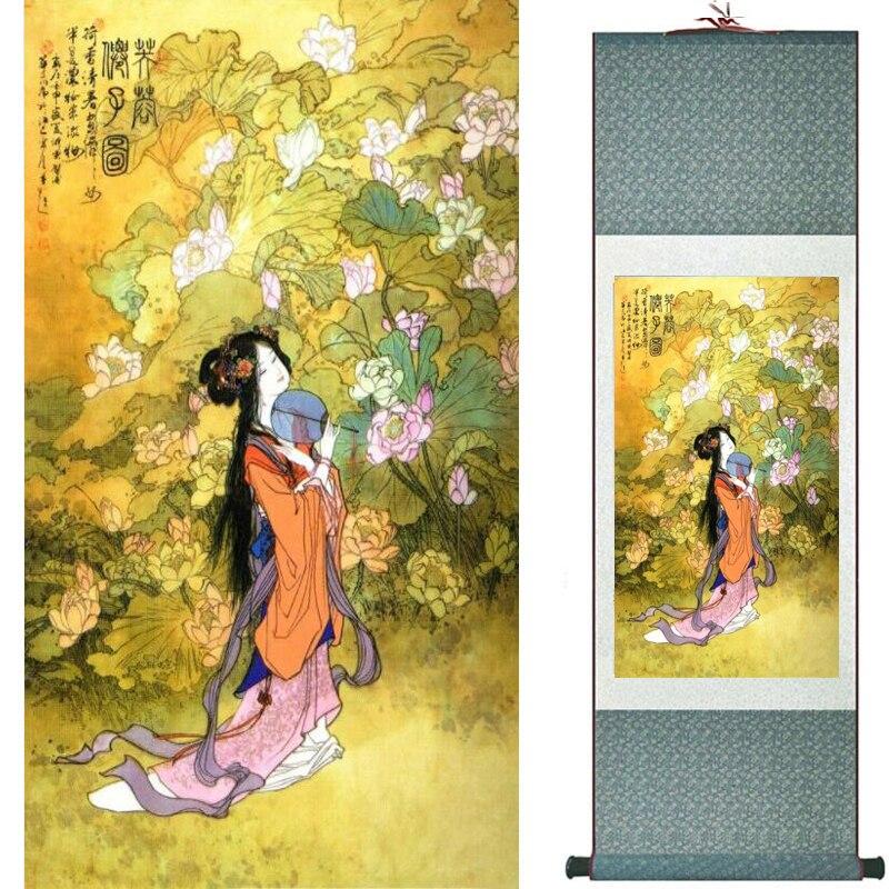 Chinese Art Scroll Painting Pretty Girl Figure Ancient Silk Picture Wall Ideas 17750-Chinese Style Finds™