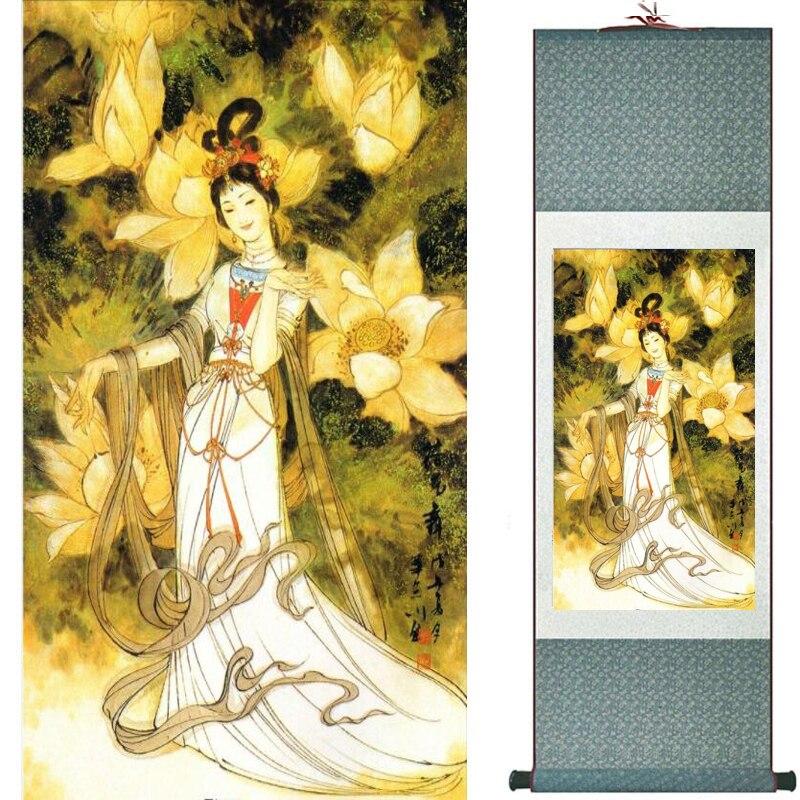 Chinese Art Scroll Painting Pretty Girl Figure Ancient Silk Picture Wall Ideas 17754-Chinese Style Finds™