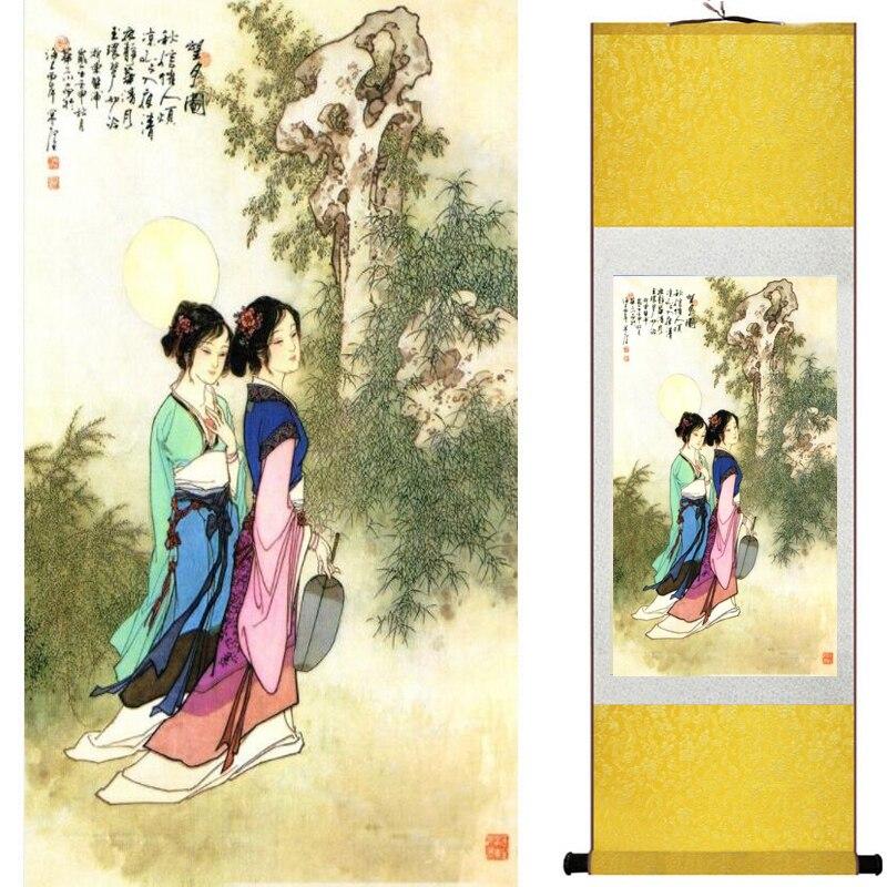 Chinese Art Scroll Painting Pretty Girl Figure Ancient Silk Picture Wall Ideas 17758-Chinese Style Finds™