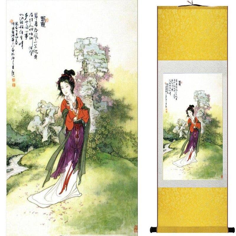 Chinese Art Scroll Painting Pretty Girl Figure Ancient Silk Picture Wall Ideas 17774-Chinese Style Finds™