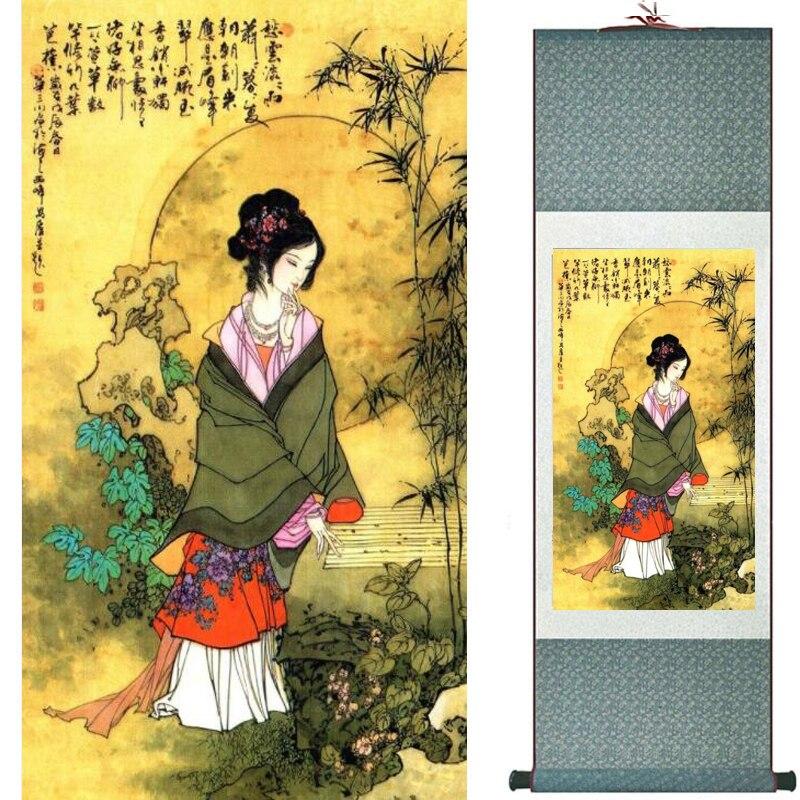 Chinese Art Scroll Painting Pretty Girl Figure Ancient Silk Picture Wall Ideas 17782-Chinese Style Finds™