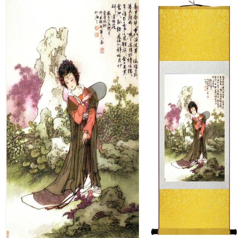 Chinese Art Scroll Painting Pretty Girl Figure Ancient Silk Picture Wall Ideas 17786-Chinese Style Finds™