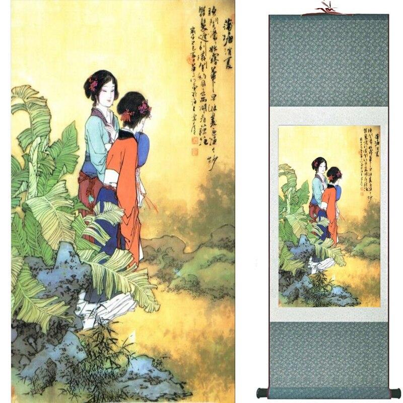 Chinese Art Scroll Painting Pretty Girl Figure Ancient Silk Picture Wall Ideas 17794-Chinese Style Finds™