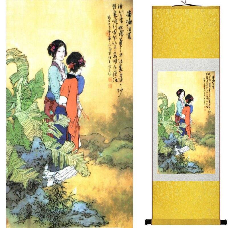 Chinese Art Scroll Painting Pretty Girl Figure Ancient Silk Picture Wall Ideas 17794-Chinese Style Finds™