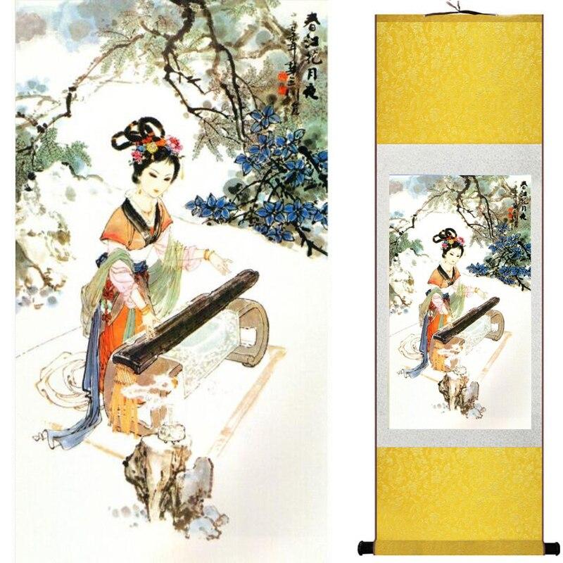 Chinese Art Scroll Painting Pretty Girl Figure Ancient Silk Picture Wall Ideas 17798-Chinese Style Finds™