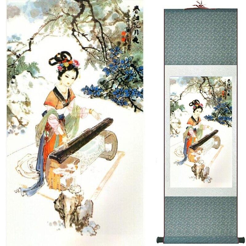 Chinese Art Scroll Painting Pretty Girl Figure Ancient Silk Picture Wall Ideas 17798-Chinese Style Finds™