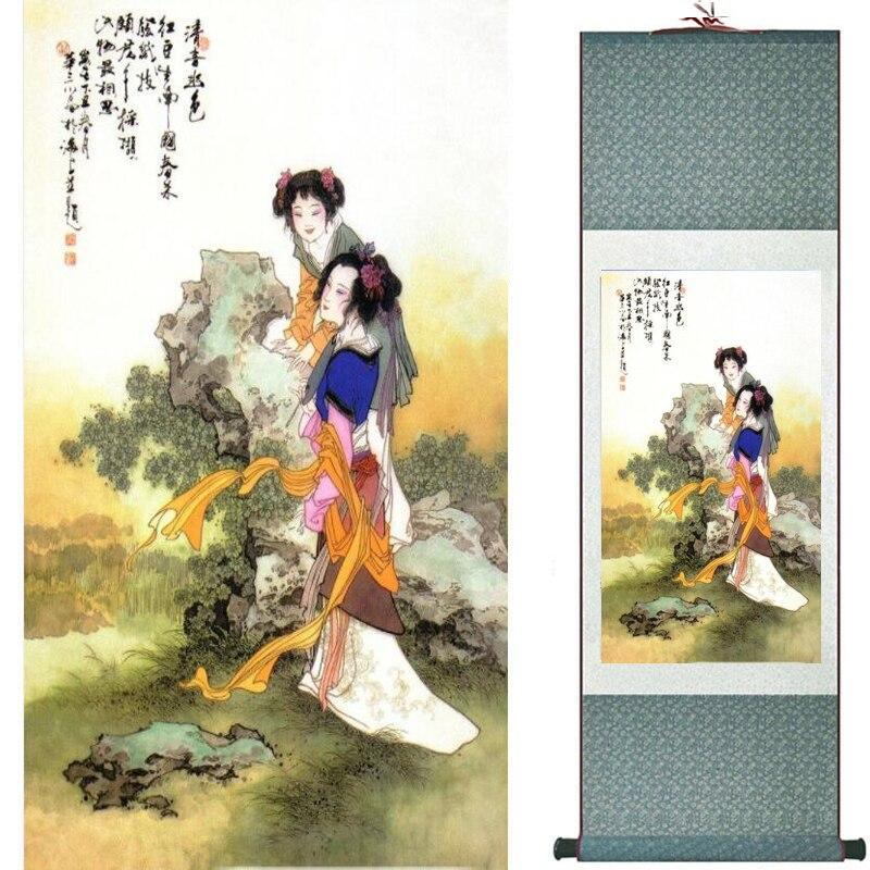 Chinese Art Scroll Painting Pretty Girl Figure Ancient Silk Picture Wall Ideas 17802-Chinese Style Finds™