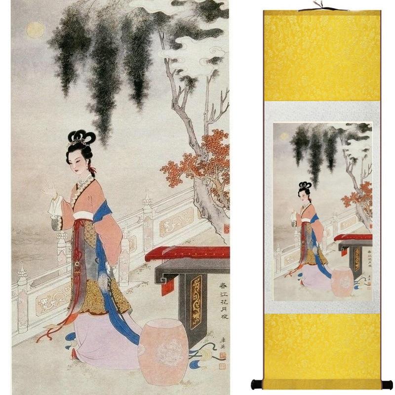 Chinese Art Scroll Painting Pretty Girl Figure Ancient Silk Picture Wall Ideas 18250-Chinese Style Finds™