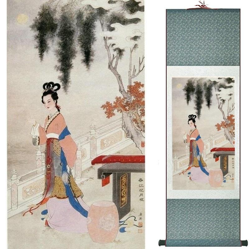 Chinese Art Scroll Painting Pretty Girl Figure Ancient Silk Picture Wall Ideas 18250-Chinese Style Finds™