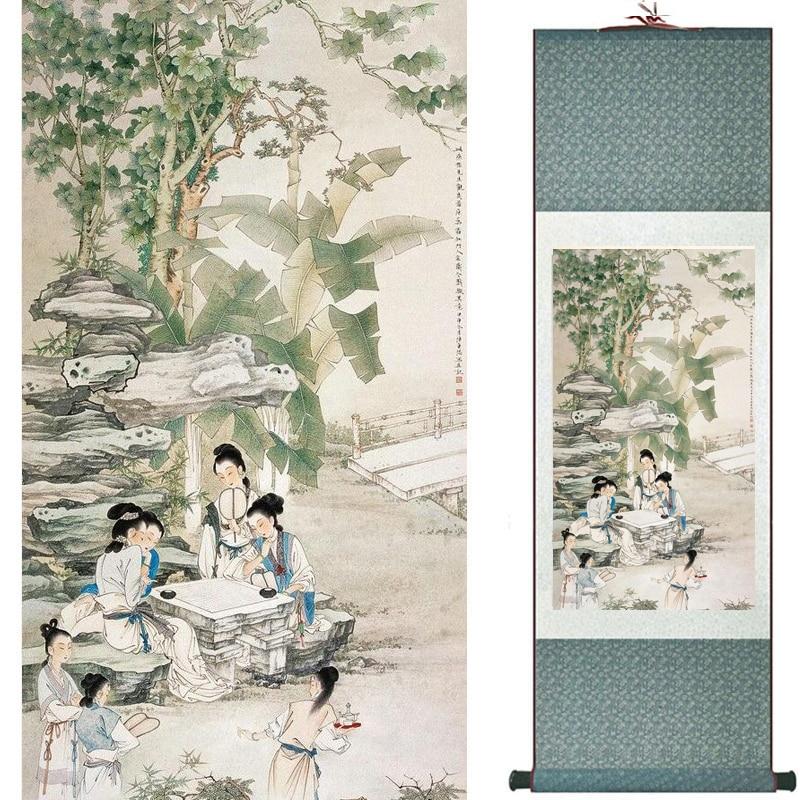 Chinese Art Scroll Painting Pretty Girl Figure Ancient Silk Picture Wall Ideas 18258-Chinese Style Finds™