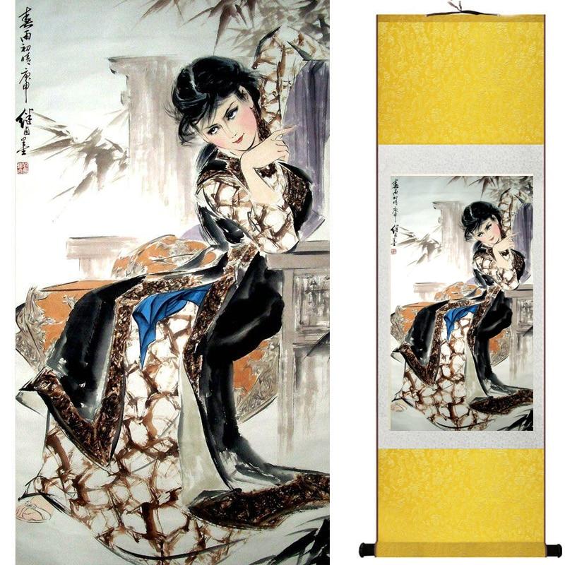 Chinese Art Scroll Painting Pretty Girl Figure Ancient Silk Picture Wall Ideas 18262-Chinese Style Finds™