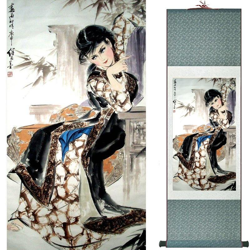 Chinese Art Scroll Painting Pretty Girl Figure Ancient Silk Picture Wall Ideas 18262-Chinese Style Finds™