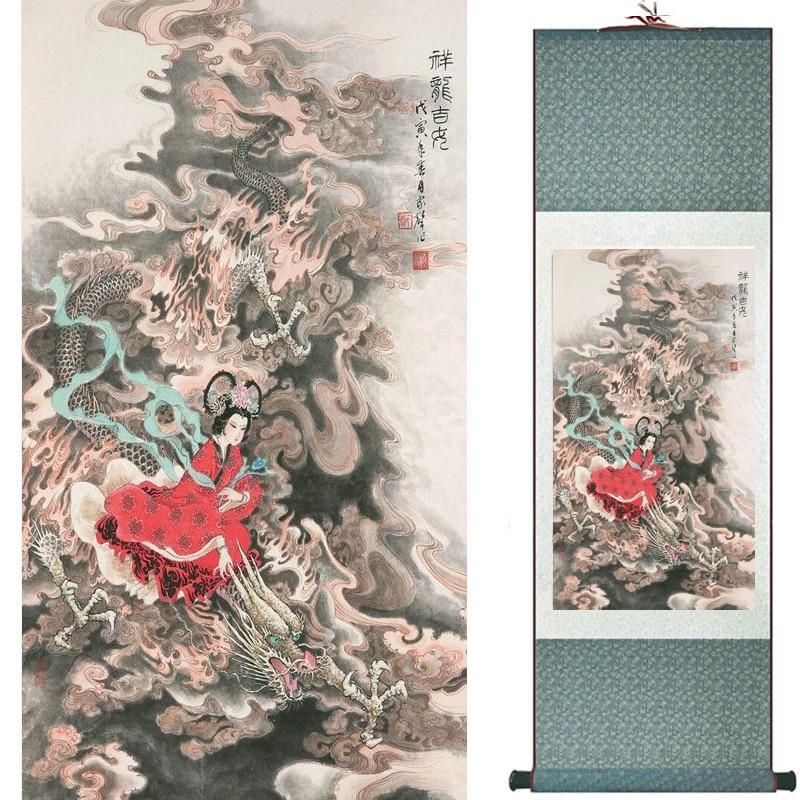 Chinese Art Scroll Painting Pretty Girl Figure Ancient Silk Picture Wall Ideas 18266-Chinese Style Finds™