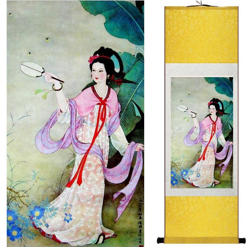 Chinese Art Scroll Painting Pretty Girl Figure Ancient Silk Picture Wall Ideas 18274-Chinese Style Finds™