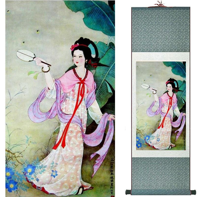 Chinese Art Scroll Painting Pretty Girl Figure Ancient Silk Picture Wall Ideas 18274-Chinese Style Finds™