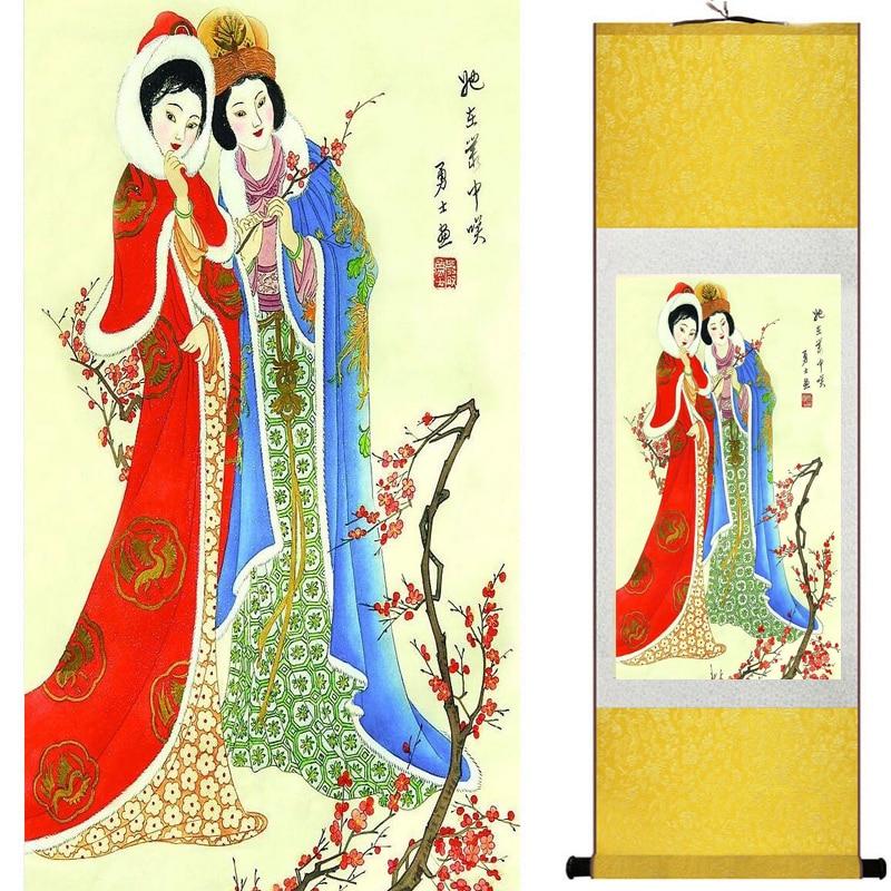 Chinese Art Scroll Painting Pretty Girl Figure Ancient Silk Picture Wall Ideas 18282-Chinese Style Finds™