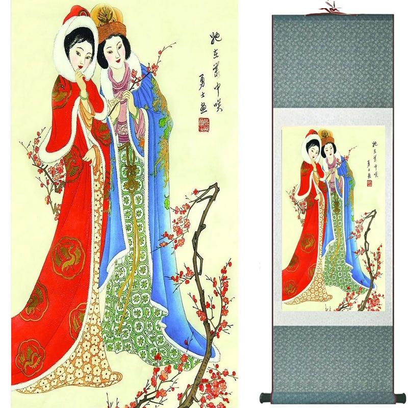 Chinese Art Scroll Painting Pretty Girl Figure Ancient Silk Picture Wall Ideas 18282-Chinese Style Finds™