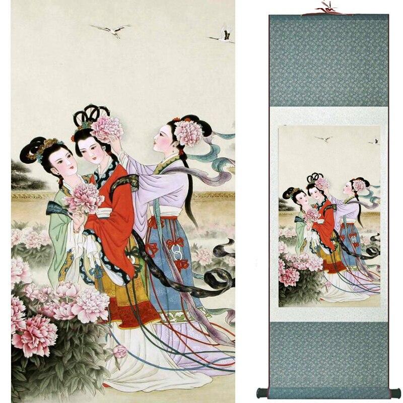 Chinese Art Scroll Painting Pretty Girl Figure Ancient Silk Picture Wall Ideas 18712-Chinese Style Finds™