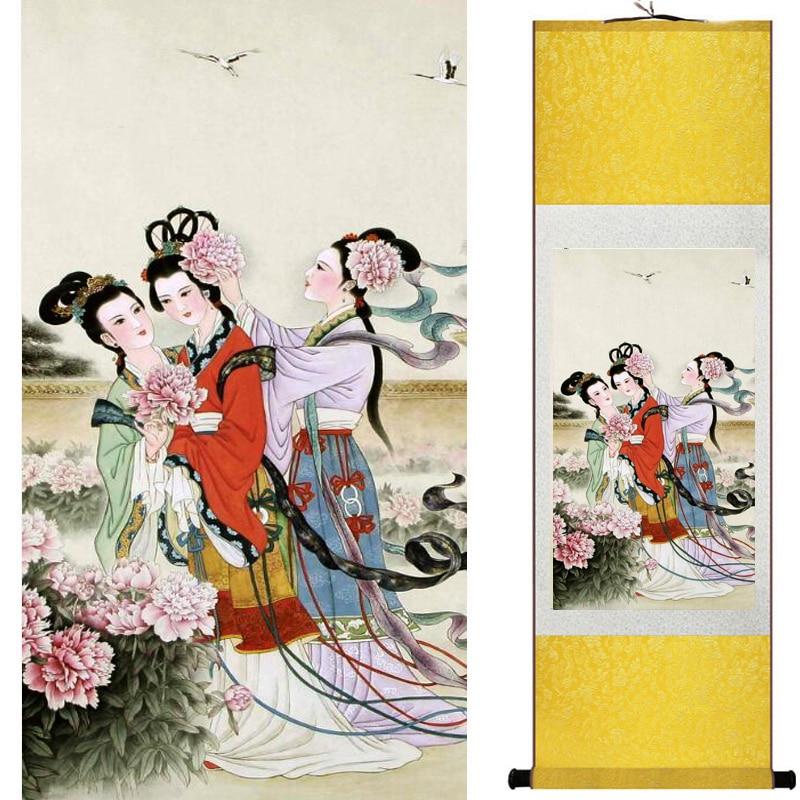 Chinese Art Scroll Painting Pretty Girl Figure Ancient Silk Picture Wall Ideas 18712-Chinese Style Finds™