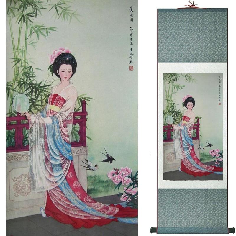 Chinese Art Scroll Painting Pretty Girl Figure Ancient Silk Picture Wall Ideas 18816-Chinese Style Finds™