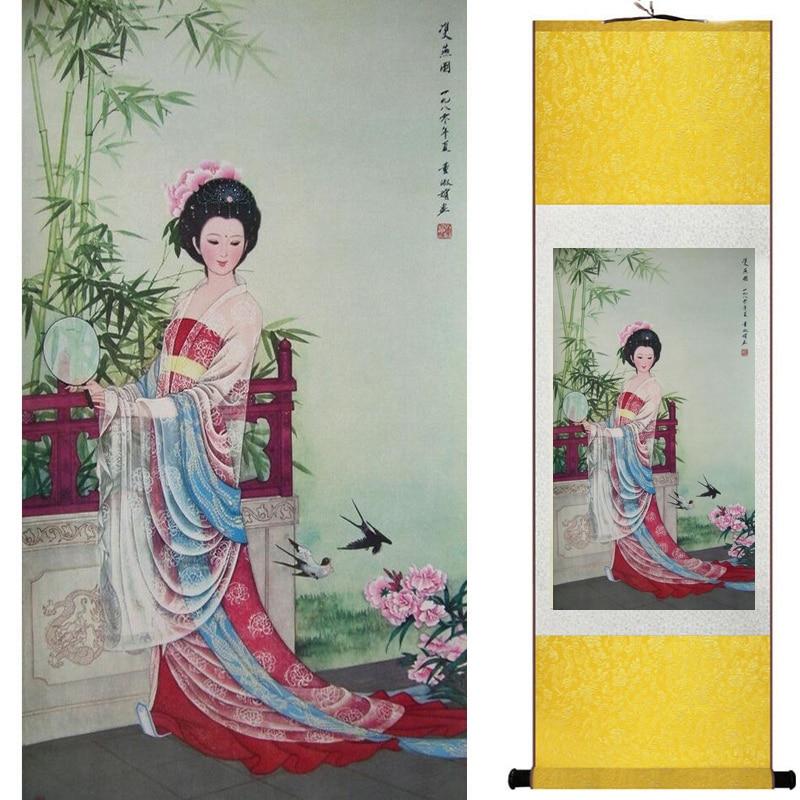 Chinese Art Scroll Painting Pretty Girl Figure Ancient Silk Picture Wall Ideas 18816-Chinese Style Finds™