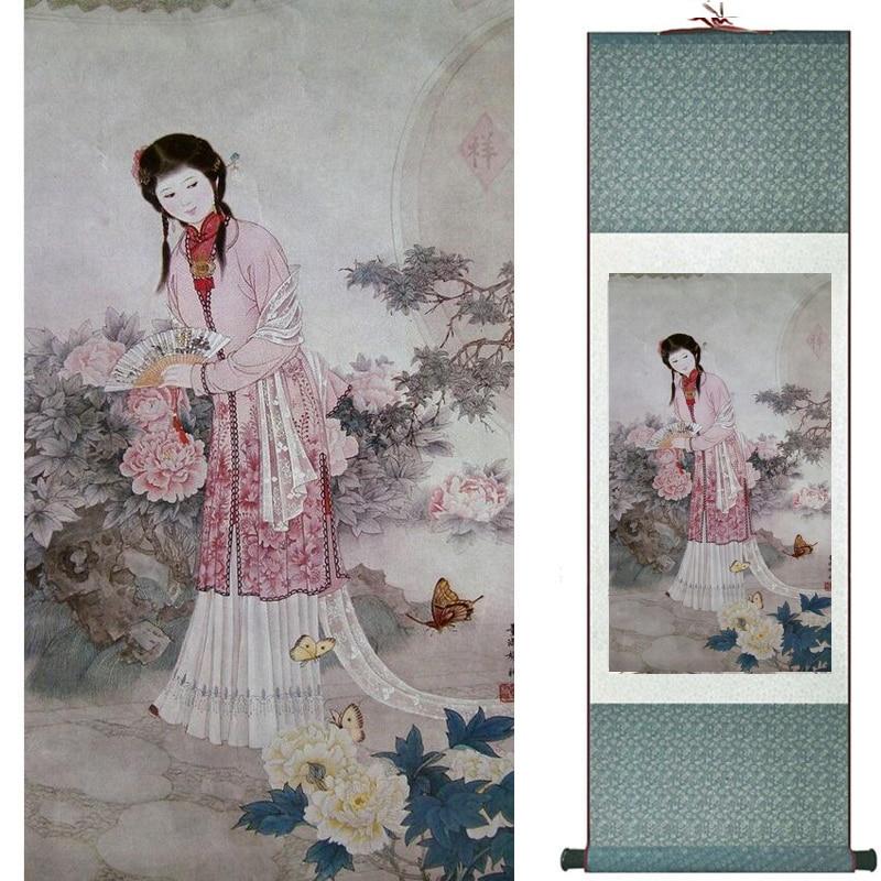 Chinese Art Scroll Painting Pretty Girl Figure Ancient Silk Picture Wall Ideas 18820-Chinese Style Finds™