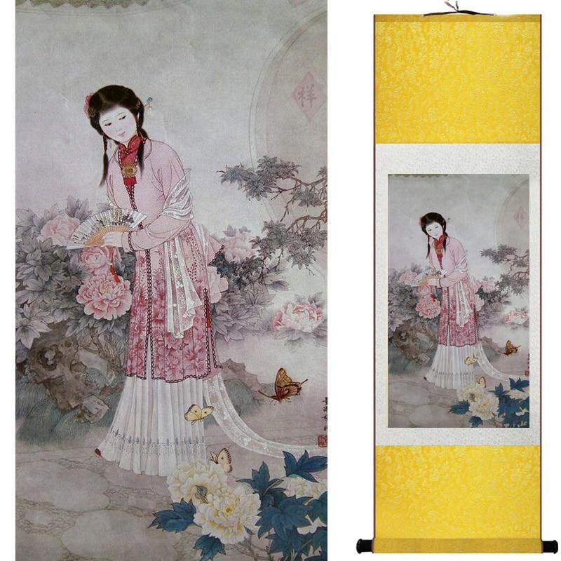 Chinese Art Scroll Painting Pretty Girl Figure Ancient Silk Picture Wall Ideas 18820-Chinese Style Finds™