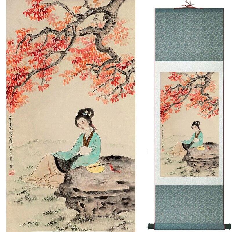 Chinese Art Scroll Painting Pretty Girl Figure Ancient Silk Picture Wall Ideas 18824-Chinese Style Finds™