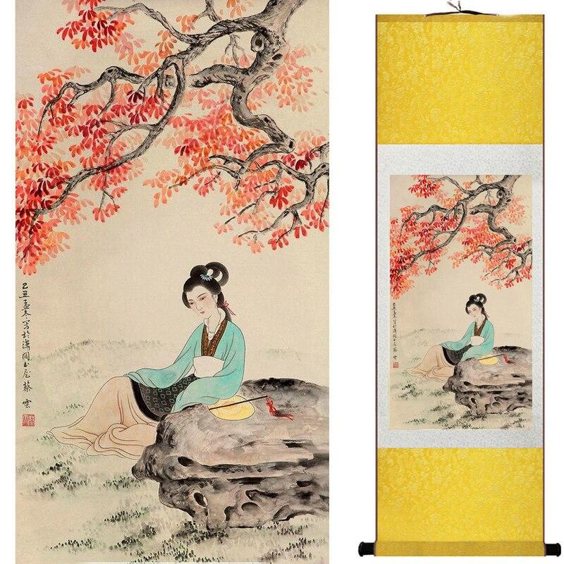 Chinese Art Scroll Painting Pretty Girl Figure Ancient Silk Picture Wall Ideas 18824-Chinese Style Finds™