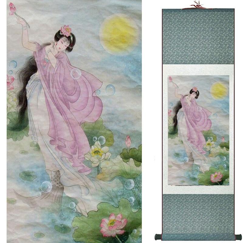 Chinese Art Scroll Painting Pretty Girl Figure Ancient Silk Picture Wall Ideas 18832-Chinese Style Finds™