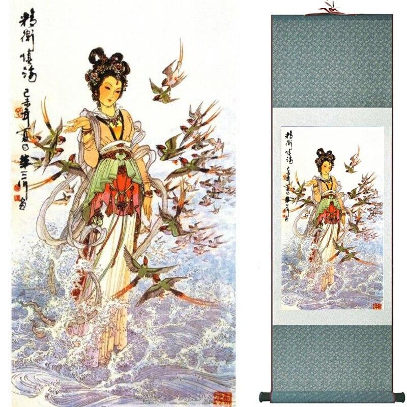 Chinese Art Scroll Painting Pretty Girl Figure Ancient Silk Picture Wall Ideas 18852-Chinese Style Finds™