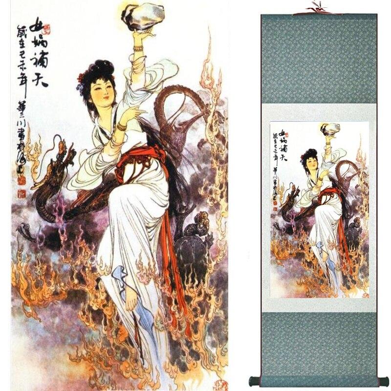 Chinese Art Scroll Painting Pretty Girl Figure Ancient Silk Picture Wall Ideas 18856-Chinese Style Finds™