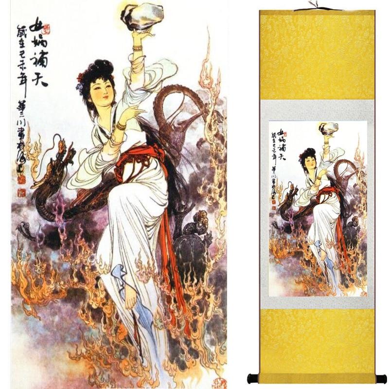 Chinese Art Scroll Painting Pretty Girl Figure Ancient Silk Picture Wall Ideas 18856-Chinese Style Finds™