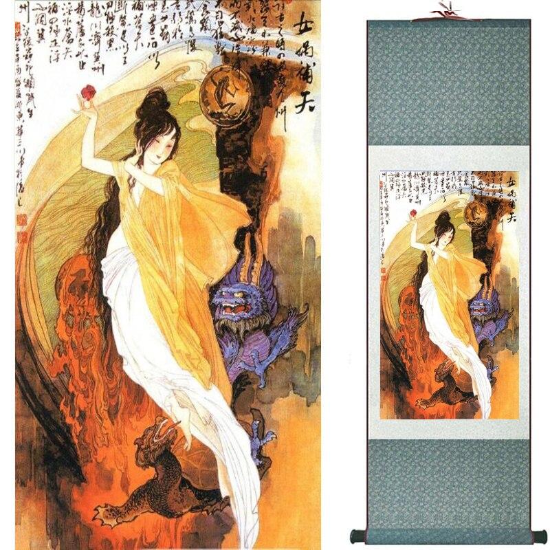 Chinese Art Scroll Painting Pretty Girl Figure Ancient Silk Picture Wall Ideas 18860-Chinese Style Finds™