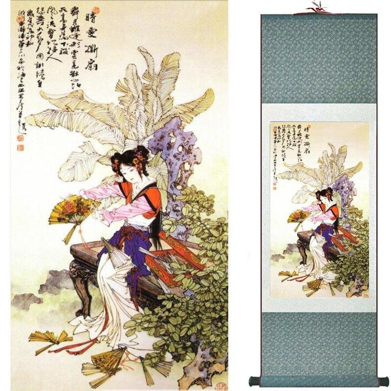 Chinese Art Scroll Painting Pretty Girl Figure Ancient Silk Picture Wall Ideas 18868-Chinese Style Finds™