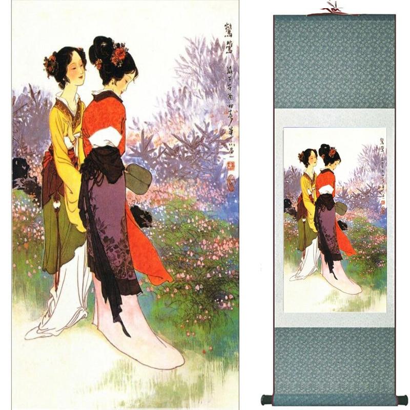 Chinese Art Scroll Painting Pretty Girl Figure Ancient Silk Picture Wall Ideas 18872-Chinese Style Finds™