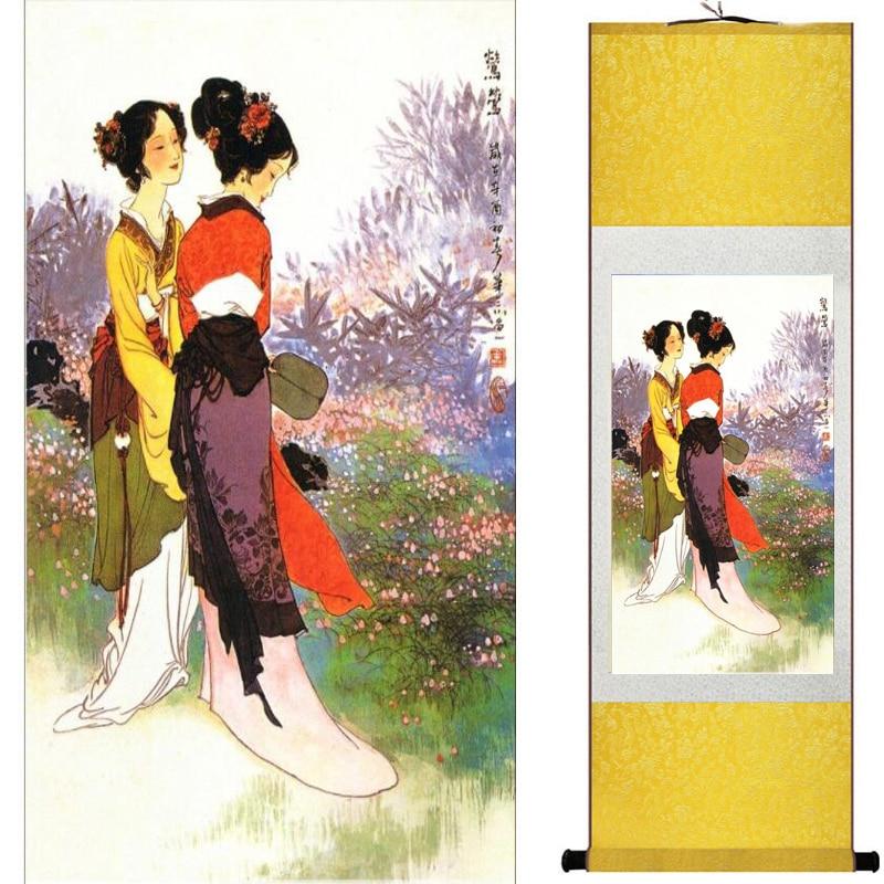 Chinese Art Scroll Painting Pretty Girl Figure Ancient Silk Picture Wall Ideas 18872-Chinese Style Finds™