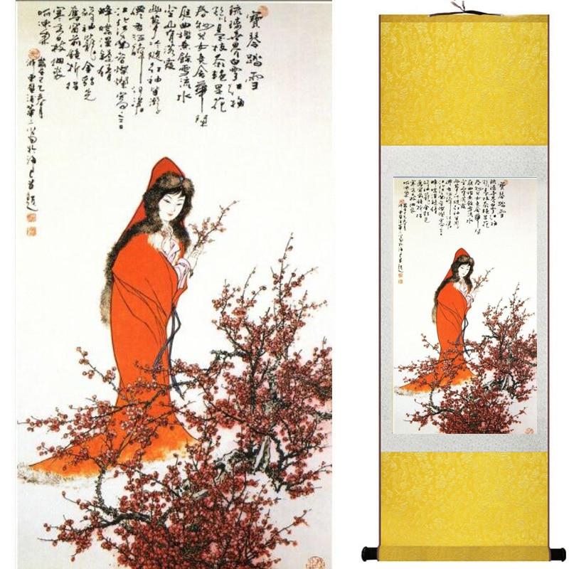 Chinese Art Scroll Painting Pretty Girl Figure Ancient Silk Picture Wall Ideas 18876-Chinese Style Finds™