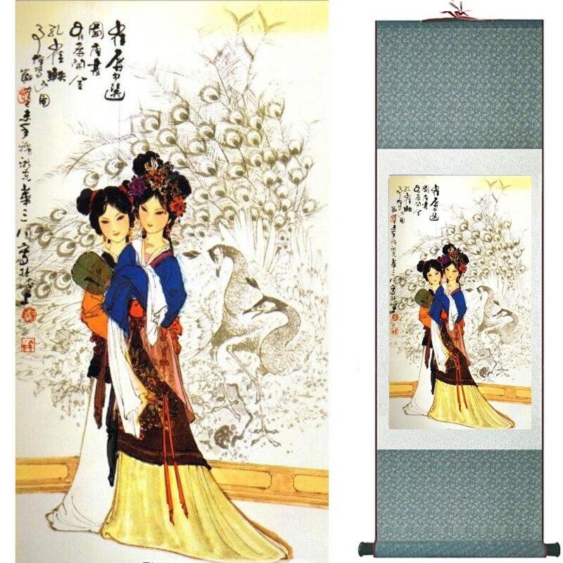 Chinese Art Scroll Painting Pretty Girl Figure Ancient Silk Picture Wall Ideas 18880-Chinese Style Finds™