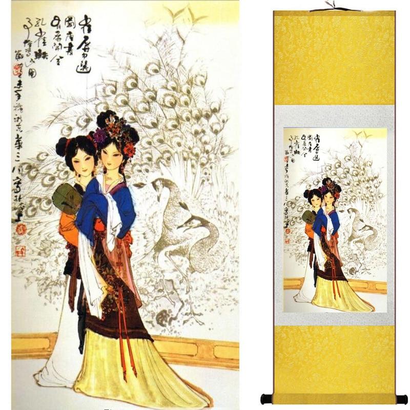 Chinese Art Scroll Painting Pretty Girl Figure Ancient Silk Picture Wall Ideas 18880-Chinese Style Finds™